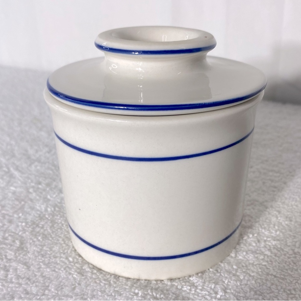 White Ceramic Butter Bell W Blue Line Accent - Picture 12 of 13